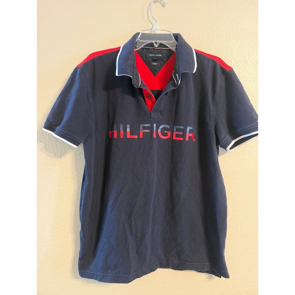 Tommy Hilfiger Mens Large Navy Red Colorblock Stretch Logo Polo Shirt